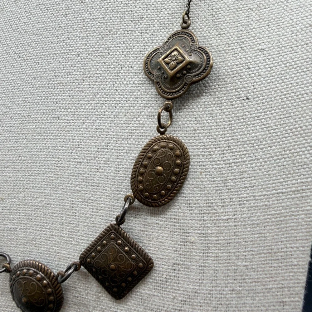 Bronze Tone Filigree Geometric Statement Necklace Boho Cottagecore Festival Gift